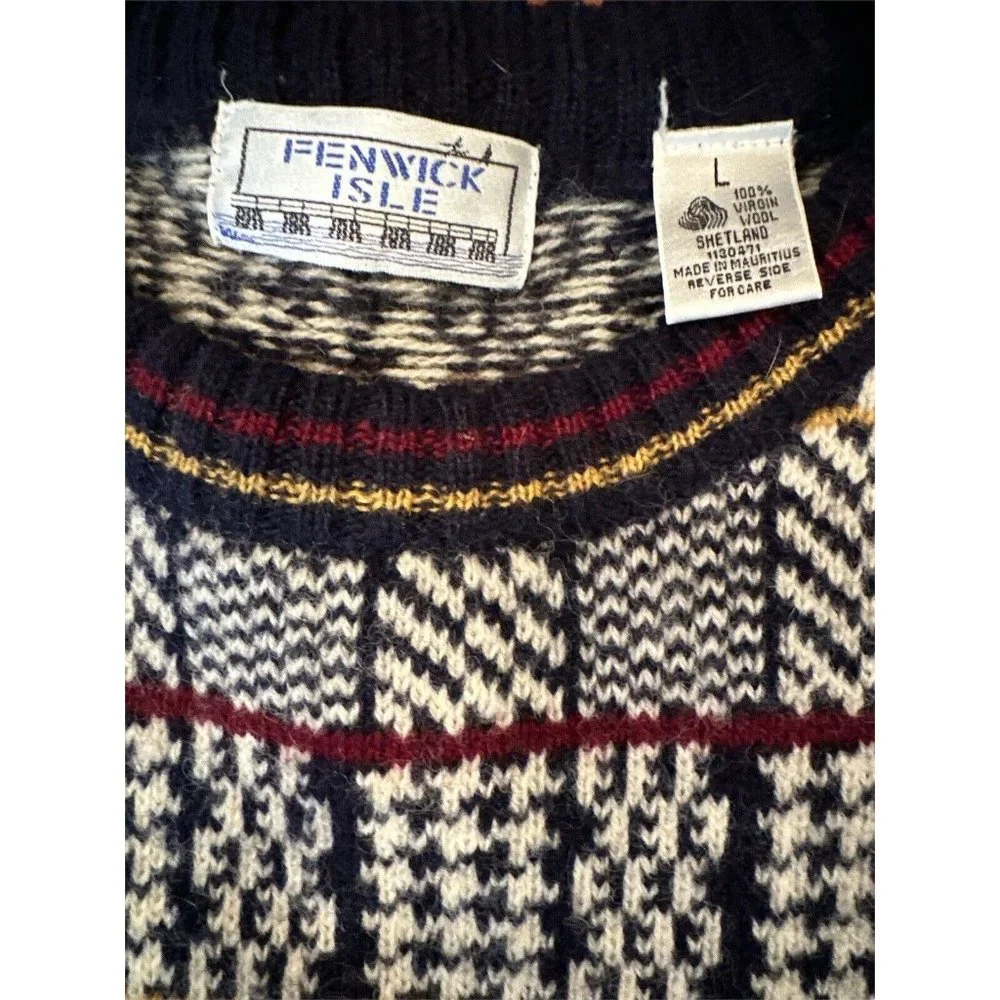 Fenwick Isle Mens Pullover‎ Sweater Blue Muliticolor Design Long Sleeve Sz L VG.